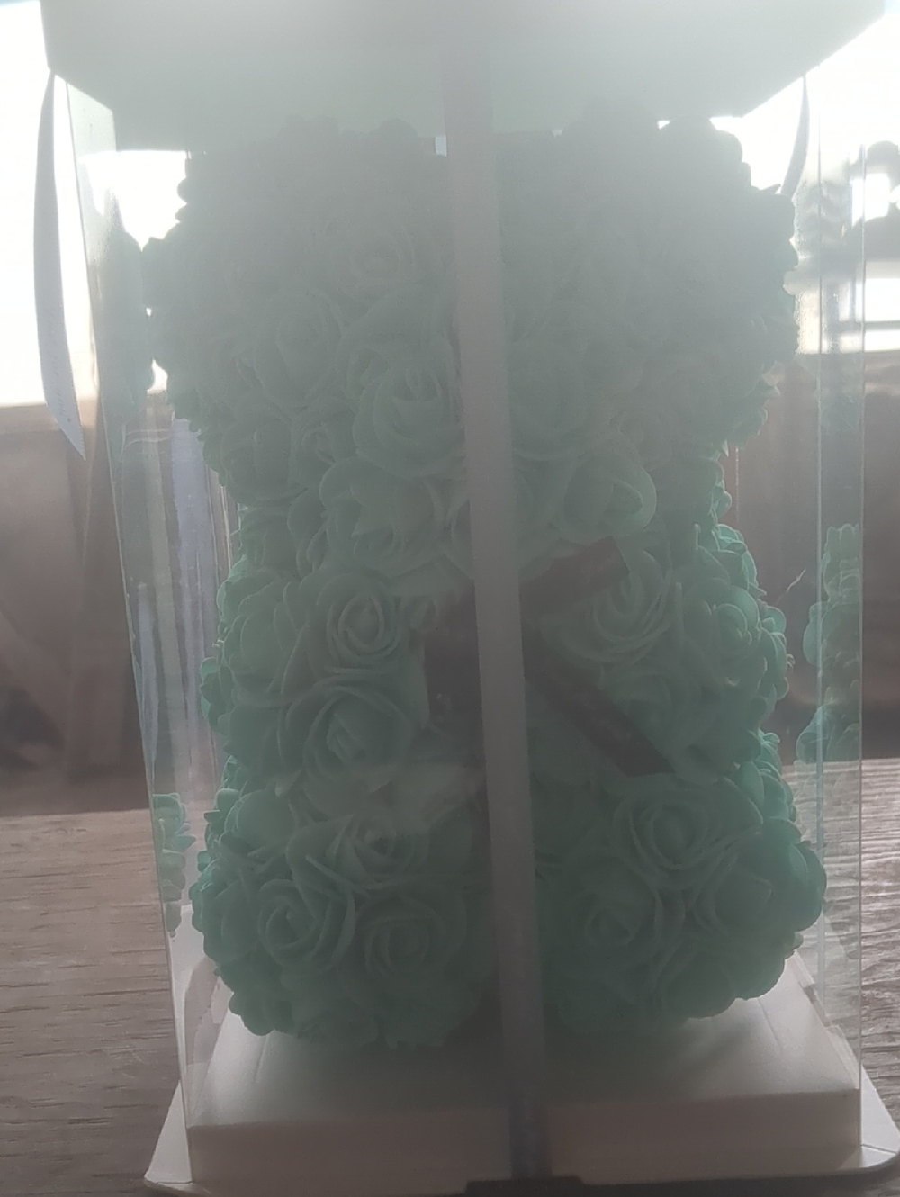 Turquoise Rose Bear Decor - Faux Flower Teddy